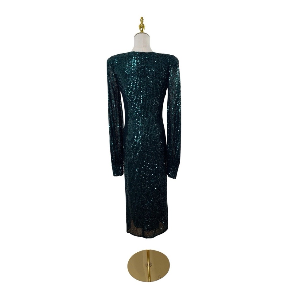 Mac Duggal 26866 Emerald Green Sequin Long Sleeve Plunge Midi Dress Size 6 $398 - Picture 6 of 7